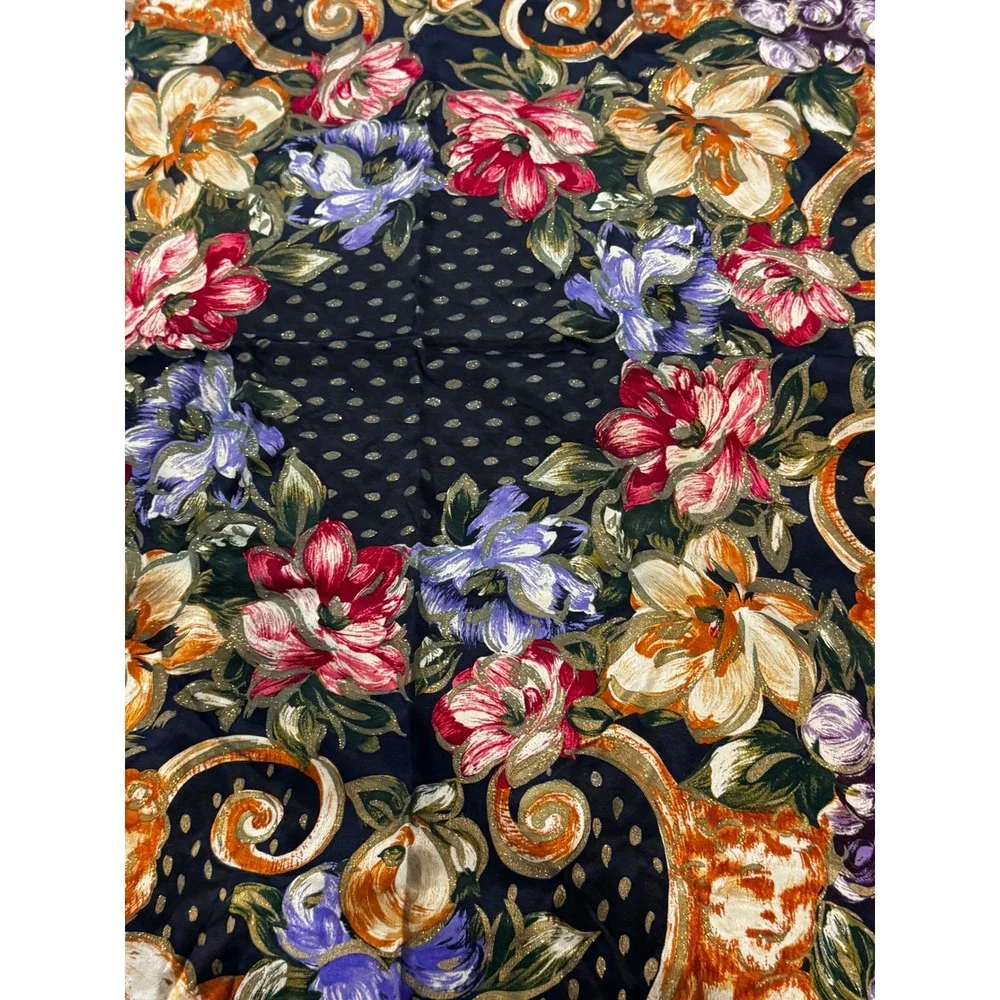 Navy Blue Floral Scarf Metallic Gold Shimmer Square‎ Neck Wrap 34x34 Wildrag